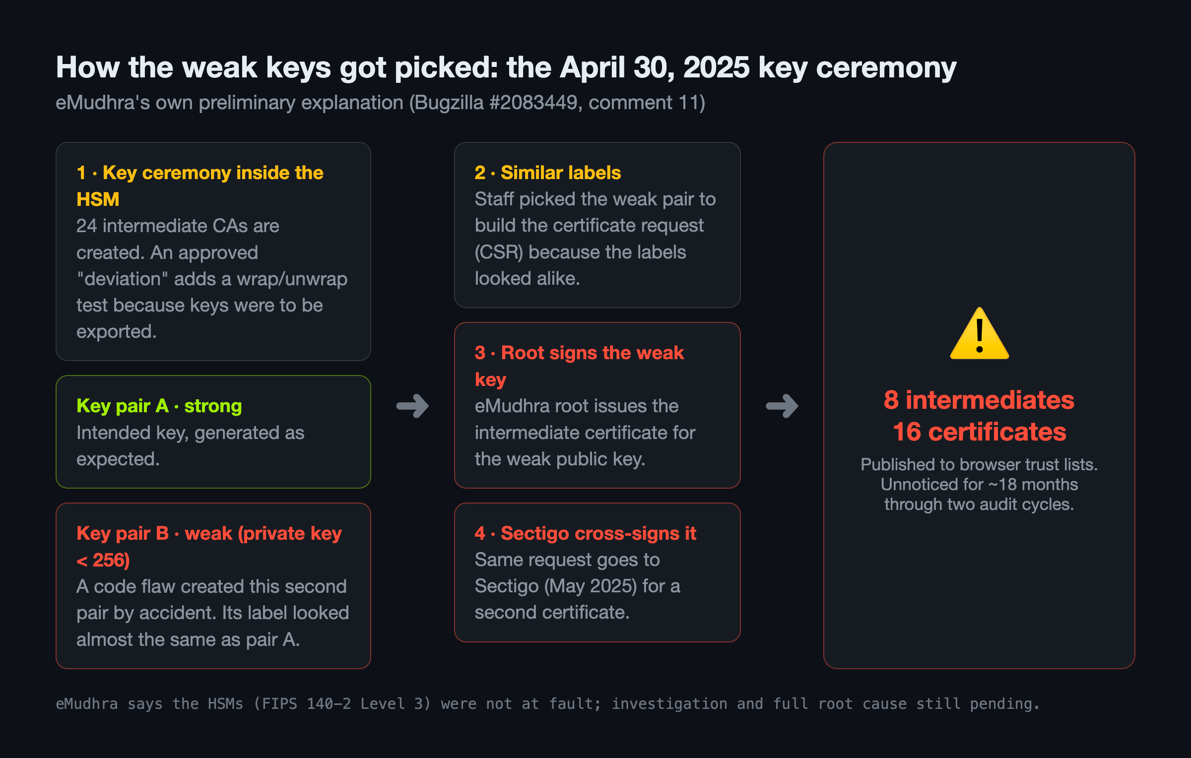 Diagram of the April 2025 key ceremony: a code flaw creates a second weak key pair, similar labels cause it to be selected, the root signs it and Sectigo cross-signs it